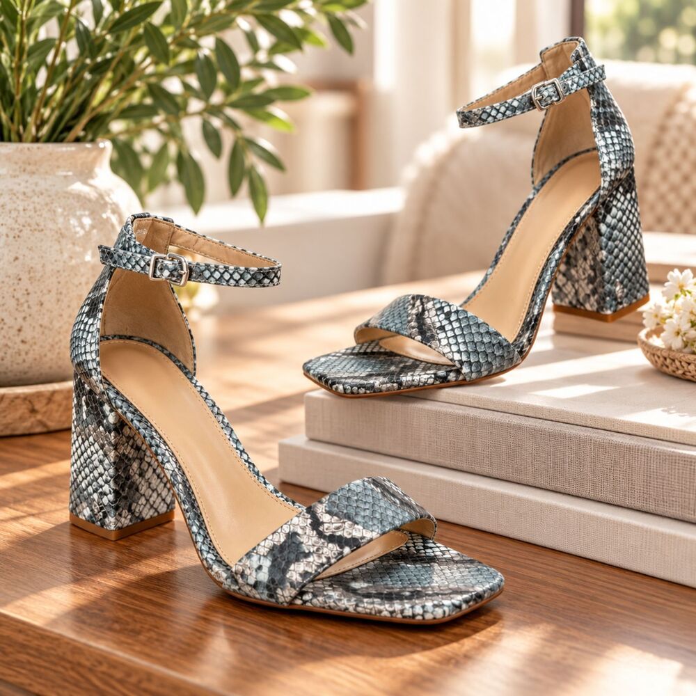 Sam Edelman Daniella Square Toe Snakeskin Block Heel Sandals Blue Womens Sz 9.5